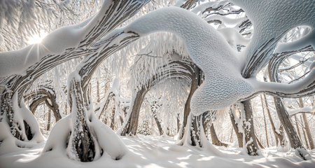 The forest in winter cloaks its branches in a thick blanket of snow, transforming the landscape into an otherworldly realm where silence and beauty reign. Generative AIの素材