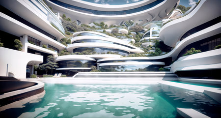 A modern architectural complex with flowing white facades, organically integrated into the natural landscape, with a swimming pool reflecting the blue sky. Generative AIの素材