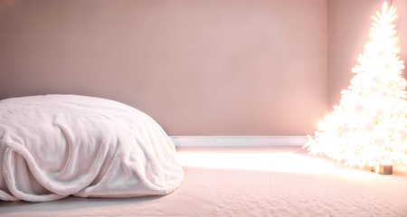 The soft light of the holiday tree creates a warm ambience in the minimalist bedroom, accented by a fluffy white blanket, inviting comfort and relaxation. Generative AIの素材