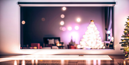 A room with a Christmas tree, soft light is reflected on a polished floor. Generative AIの素材