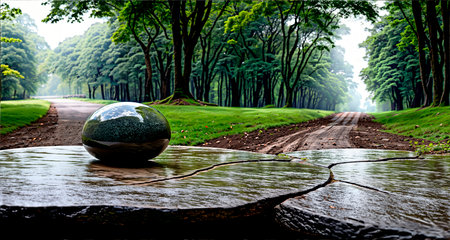 Spherical stone on a wet platform in a tropical forest with a stream. Generative AI.の素材