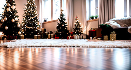 A cozy room is decorated to celebrate Christmas with trees and gifts. Generative AI.の素材