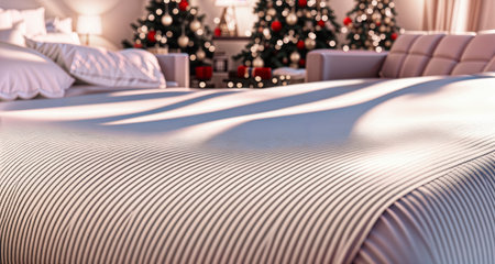 The bedroom overlooks decorated Christmas trees and gifts in the soft morning light. Generative AI.の素材