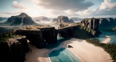 A picturesque canyon with high cliffs, arches, a beach and a river under a clear sky. Generative AI.の素材