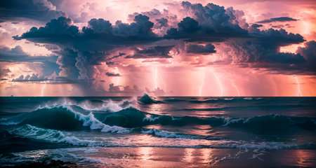 panorama of a dramatic ocean with lightning bolts and thunderclouds.の素材