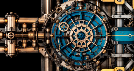 Abstract image of a mechanical device made of gears and pipes in steampunk style.の素材