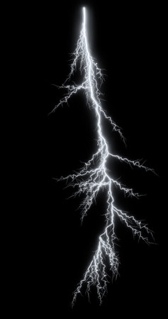 3d rendering. A bright flash of lightning. Thunderstorm isolated on black background.の写真素材