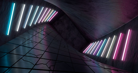 3d rendering. Dark long corridor with neon lighting along the wall.の写真素材