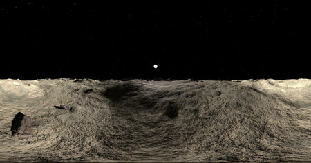 3d rendering. Lunar mountain landscape against the backdrop of the sun. 360 degrees. Conformal...