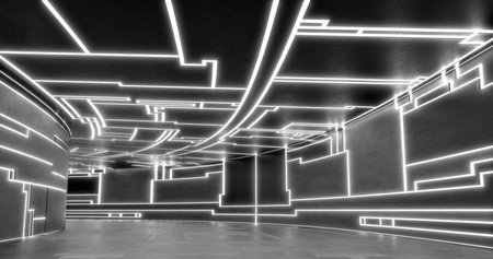 3d rendering. Futuristic sci-fi laboratory or spaceship corridor with neon light.の写真素材