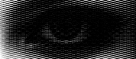 Vector illustration of a human eye made using a halftone hexagon pattern.