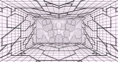 Futuristic low poly sci-fi laboratory or spaceship corridor with neon light. Vector illustrationのイラスト素材