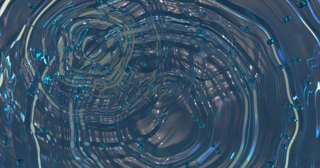 3d rendering. Surface of blue water with a stone bottom and ripples on the surface from raindrops.
