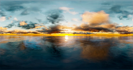 3D rendering. Blue sky with clouds at sunset or sunrise. Environment 360 HDRI MAP. Equivalent...