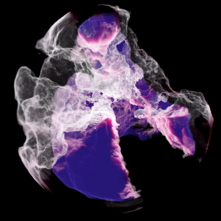 A cosmic nebula with swirls of red and white isolated on a black background. Ethereal and...