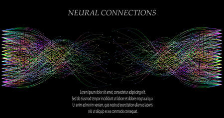 Abstract vector visualization of neural connections. Thin colored lines connect nodes, creating a dynamic flow of information. Gradients and glowing dots highlight the learning process of the neural network.のイラスト素材