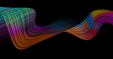 Abstract winding lines of different colors on a black background. Vector illustration in concept technology, science, music, modernity.のイラスト素材
