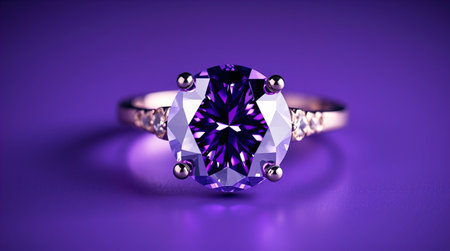 Jewelry ring with sapphire on a purple background.の写真素材