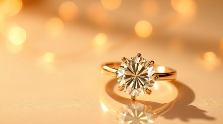 Close up of diamond ring on gold background with bokeh.の写真素材