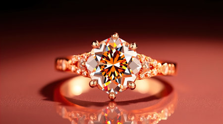 Wedding ring with diamond on red background, close-upの写真素材