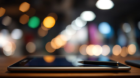 Tablet and pen on the wooden table with bokeh light backgroundの写真素材