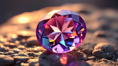 Purple diamond on the sand with bokeh background. 3d illustrationの写真素材