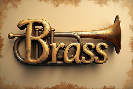 3d rendering of a trumpet and the word brass in gold colorの写真素材