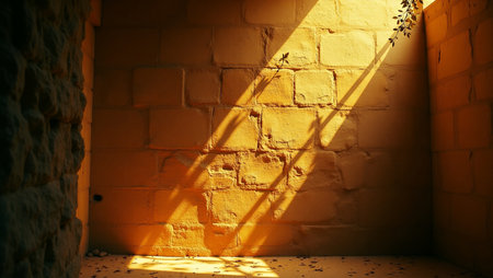 Sunlight through the window in a room with brick wall and shadowの写真素材