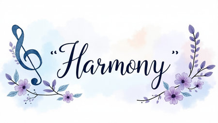 Hand lettering composition with watercolor flowers and treble clefの写真素材