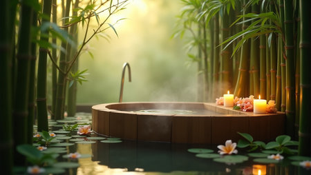 Wooden bath tub with candles and bamboo leaves in a garden.の写真素材