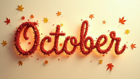 Lettering October with autumn leaves. 3D illustration. Copy space.の写真素材