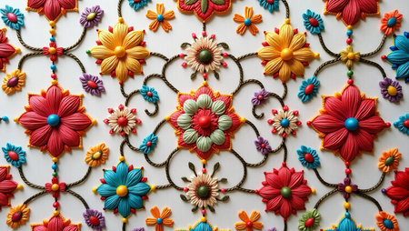 Colorful handmade flower embroidery on the white wall background.の写真素材