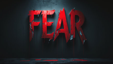 The word fear is written in red paint on a dark background. 3D rendering.の写真素材