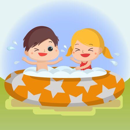 boy and girl in swimming pool Mascot cartoon great for any use.のイラスト素材