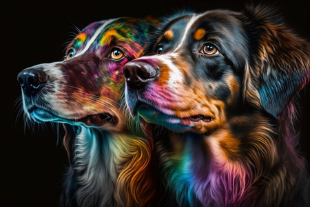 Two dogs with rainbow colored hair on a black background. Studio shot.の素材