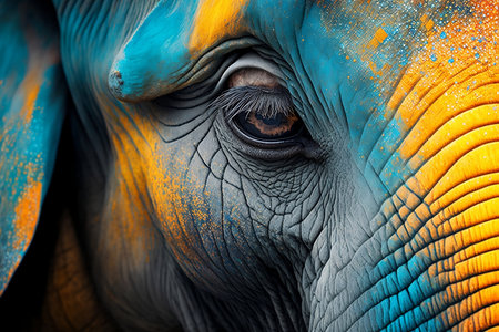 Close up of the eye of an elephant painted in blue and yellowの素材