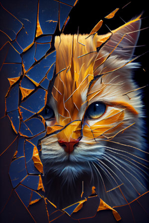 Orange cat looking through cracked wall. Animal portrait. Art design.の素材