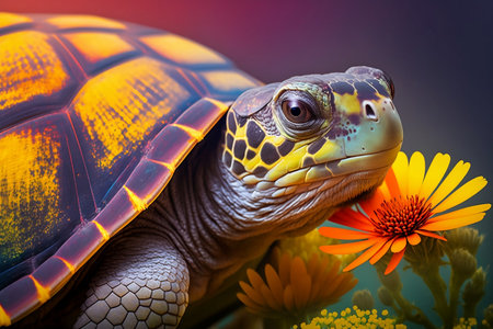 Turtle with flowers in the background. Wildlife scene from nature.の素材