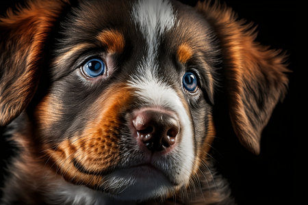 Close-up portrait of a Bernese Mountain Dog puppy on black backgroundの素材