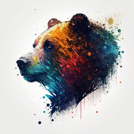 Colorful watercolor portrait of a bear on a white background.の素材