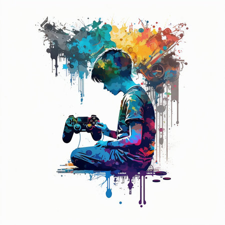 Illustration of a boy playing video games with a vintage camera.の素材