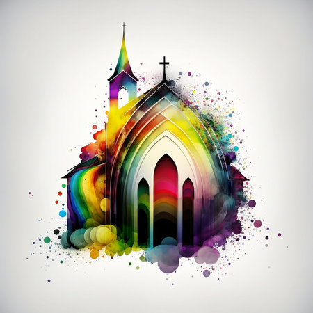 Colorful church with watercolor splashes on white background. Vector illustration.の素材