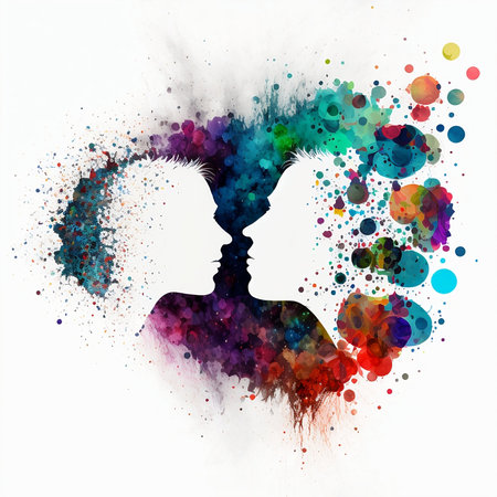 Silhouette of a man and a woman combined with colorful splashesの素材