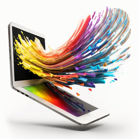 Tablet pc with abstract colorful design on white background. 3D rendering.の素材