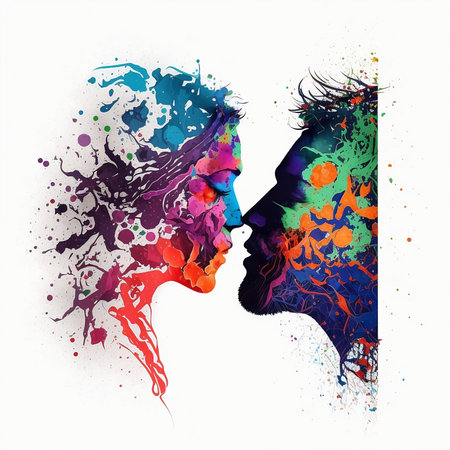 Double exposure portrait of man and woman with colorful paint splashes on white backgroundの素材