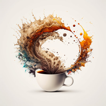 Cup of coffee with colorful splashes and drops on white backgroundの素材
