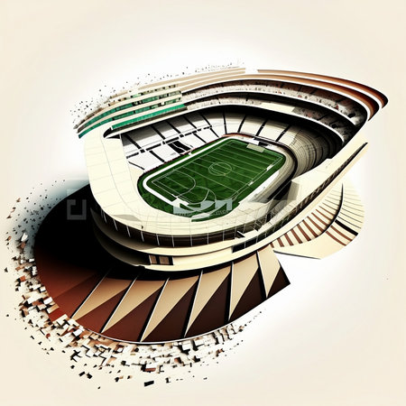 3D render of a modern football stadium with a ball in the middleの素材