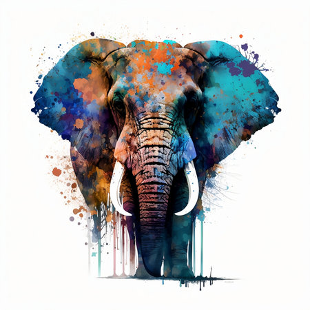 African elephant with watercolor splashes on white background, digital illustrationの素材
