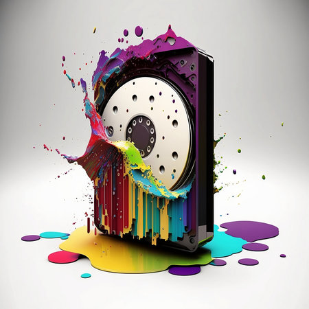 illustration of hard disk with colorful paint splashes on grey backgroundの素材