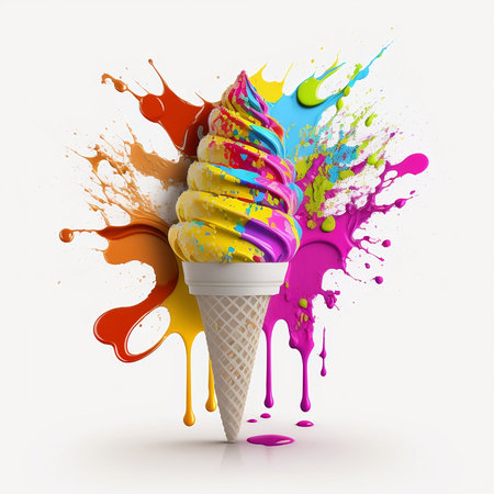 Colorful ice cream in waffle cone with splashes on white backgroundの素材